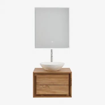 Jabari Teakhouten Badkamermeubelset Teakhout & Rond Cement Wit Ø40 Cm Zavion & Rechthoekige Led En Anticondens 60x70 Cm Tamsin & - Sklum