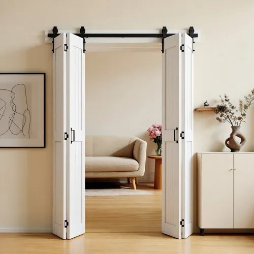 VEVOR vouwschuifdeur in schuurdeurstijl 1829x2134 mm, gemaakt van MDF, inclusief beslagset, ruimtebesparend H-frame ontwerp en voorgemonteerde panelen, vouwschuifdeur voor slaapkamer en woonkamer, wit
