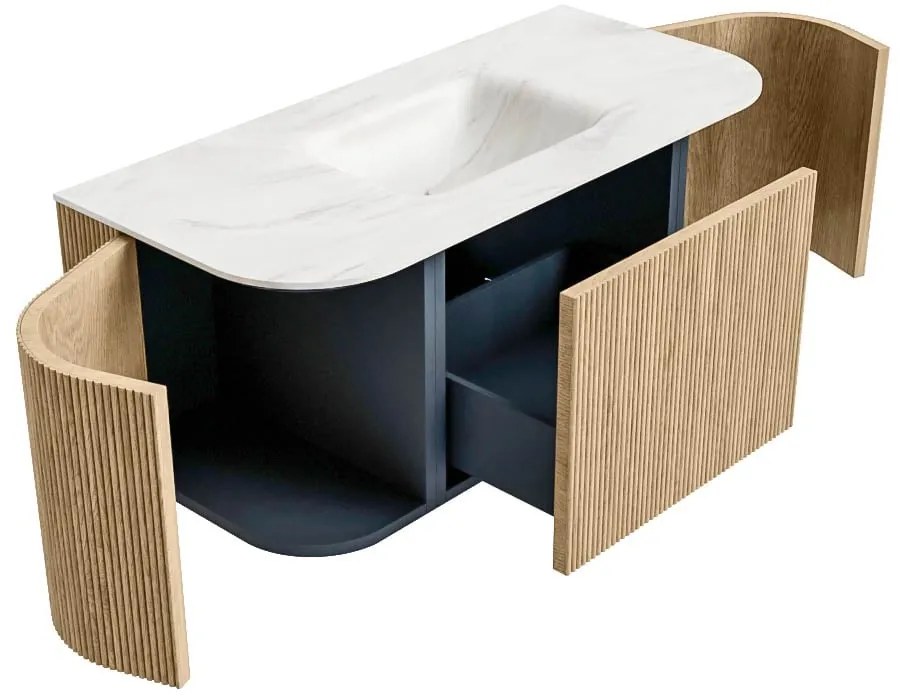 Mondiaz Kurve-dlux 100cm badmeubel ronding links/rechts oak met 1 lade en 2 deuren en wastafel grunne midden 1 kraangat ostra