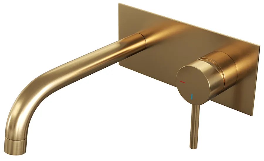 Brauer Gold Edition ColdStart wastafelkraan inbouw gebogen uitloop met achterplaat model A1 geborsteld messing PVD