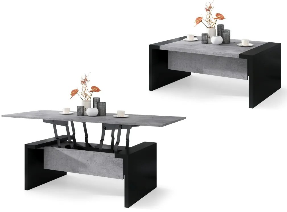SPACE beton / zwart, opklapbare salontafel, in hoogte verstelbaar