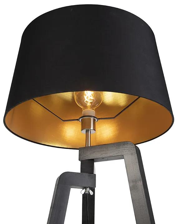 Vloerlamp tripod met katoenen kap zwart met goud 50 cm - Puros Landelijk / Rustiek E27 Binnenverlichting Lamp