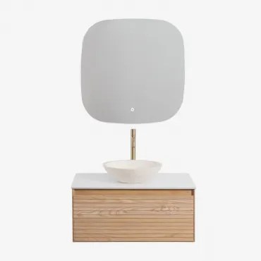 Tedrik Zwevend Badkamermeubelset Van Essenhout Ash Brown & Rond Cement Wit Ø40 Cm Zavion & Vierkant Led En Anticondens 75x75 Cm Riben & - Sklum