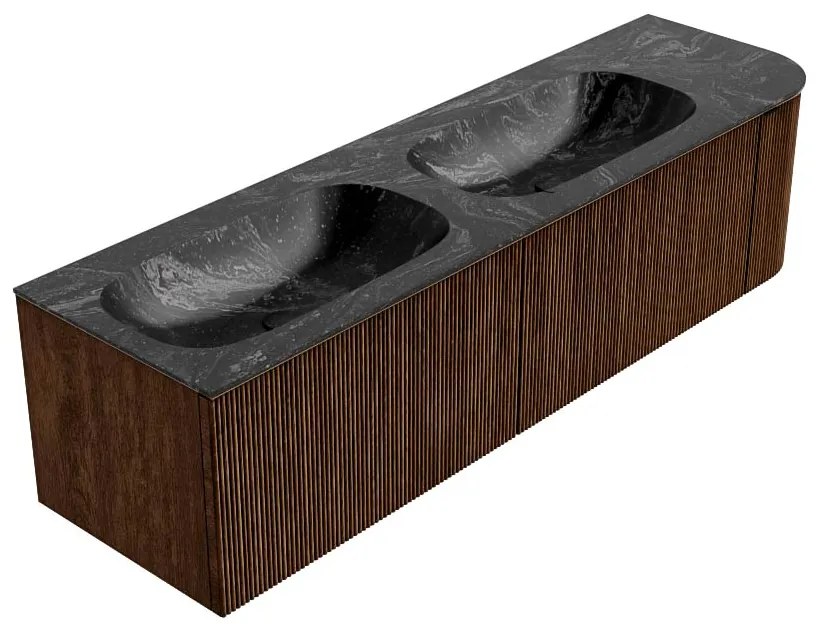 Mondiaz Kurve-dlux 165cm badmeubel ronding rechts walnut met 2 lades en 1 deur en wastafel stor small dubbel/links 2 kraangaten lava