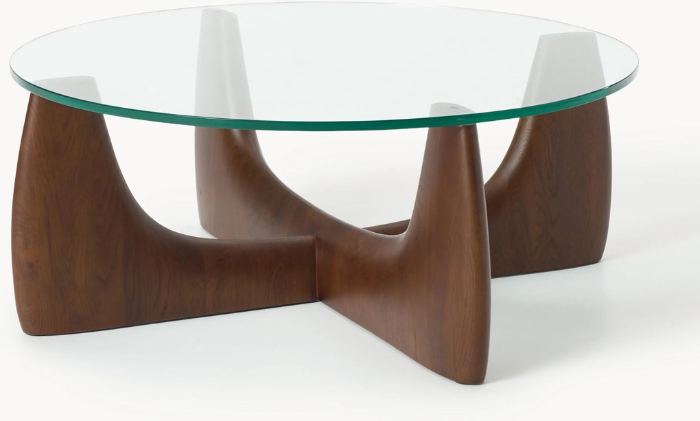 Ronde houten salontafel Miya met glazen tafelblad