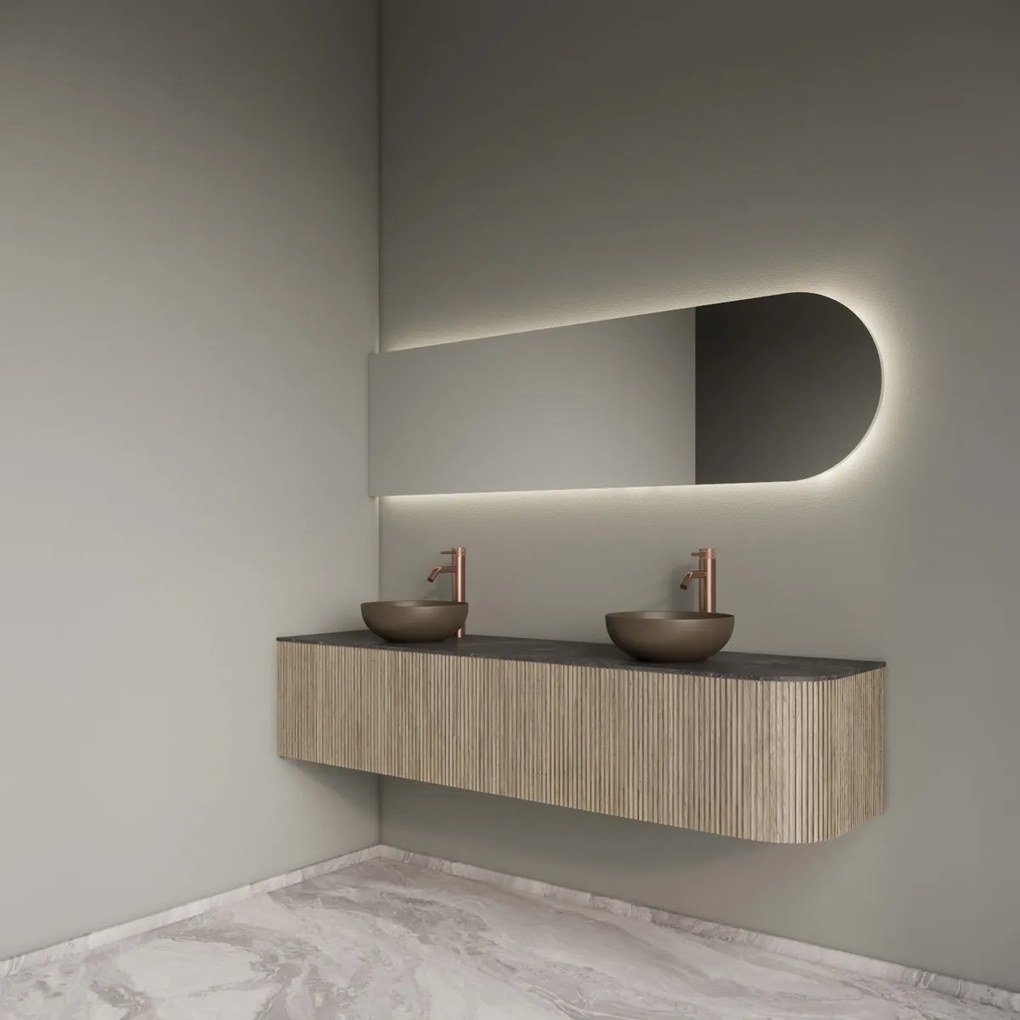Gliss Design Alluro badmeubel ribbelfront met ronding rechts 180cm corn silk en zwart leisteen toppaneel