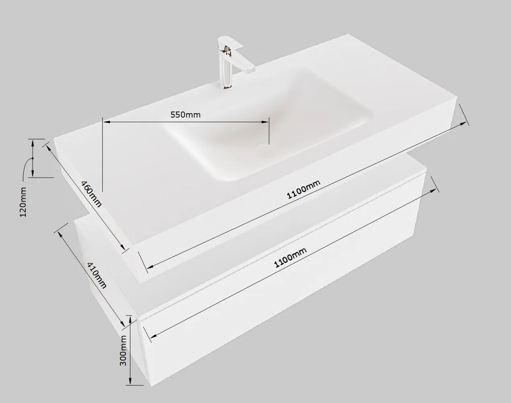 Mondiaz Alan DLux badmeubel 110cm talc 1 lade met wastafel glace midden zonder kraangat