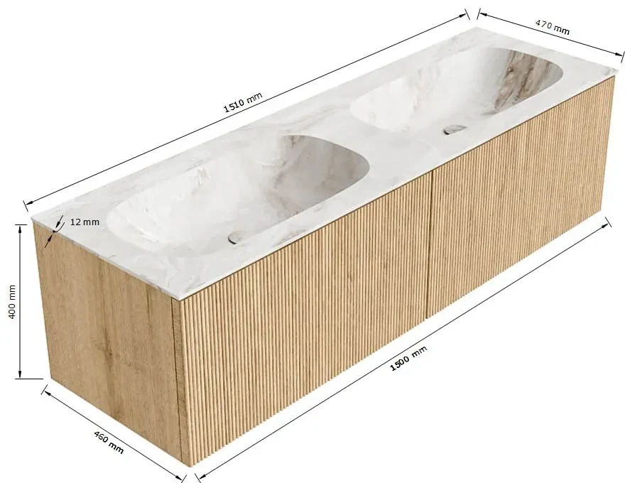 Mondiaz Kurve-dlux 150cm badmeubel oak met 2 lades en wastafel stor small dubbel 2 kraangaten frappe
