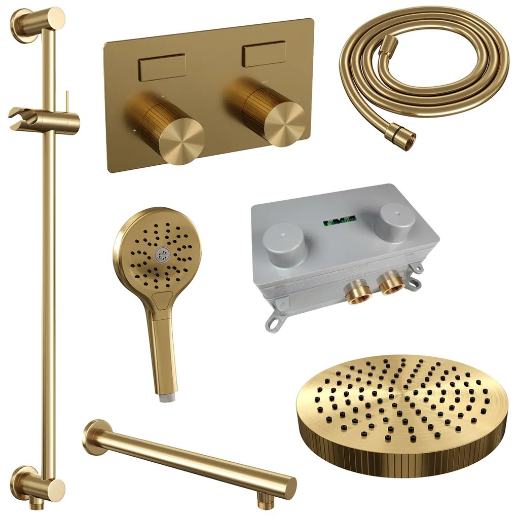 Brauer Stripe inbouw regendouche met 25cm hoofddouche, rechte muurarm, 3 standen handdouche en glijstang set 34 messing geborsteld PVD