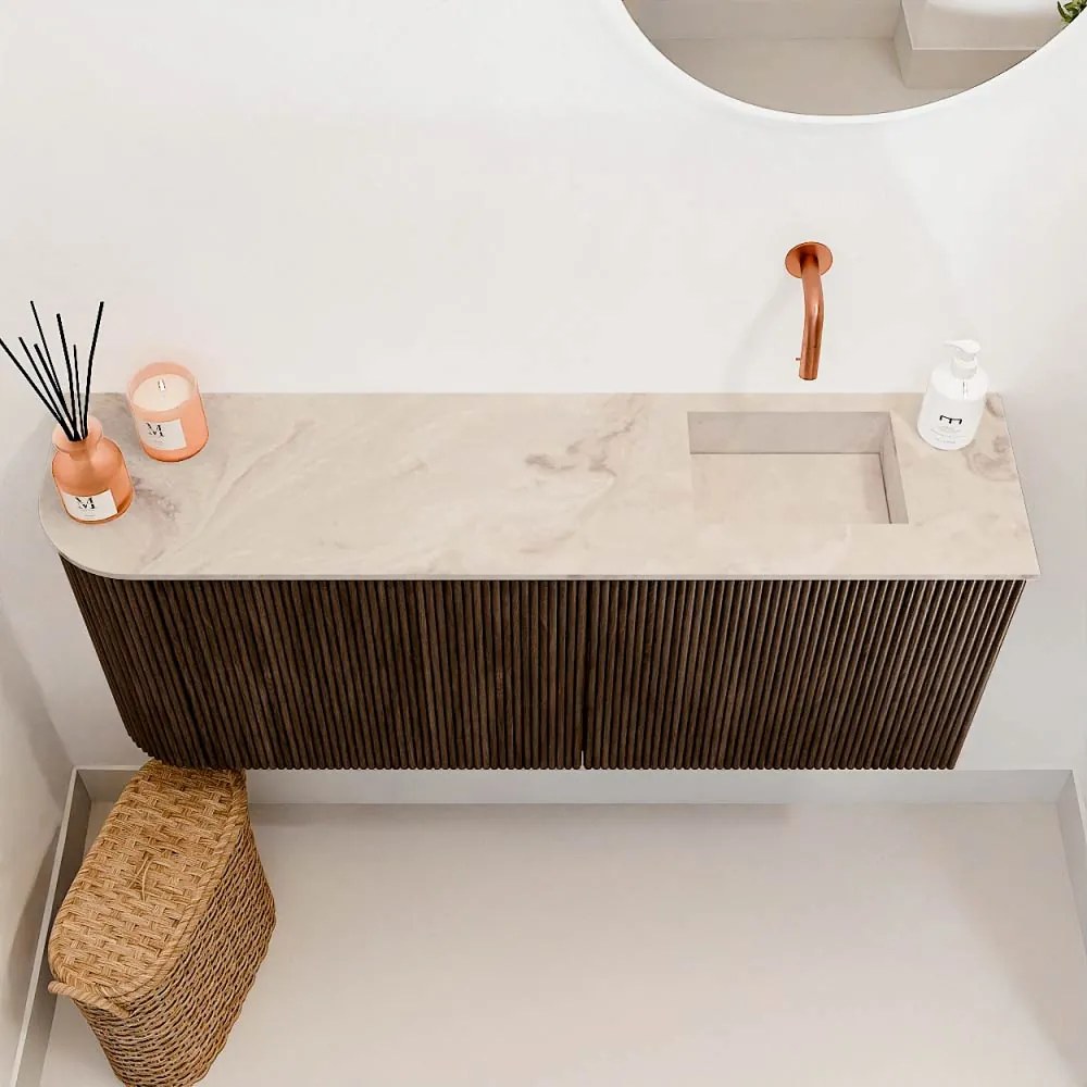 Mondiaz Joya DLux 100cm toiletmeubel ronding links walnut met wastafel faye rechts zonder kraangat frappe