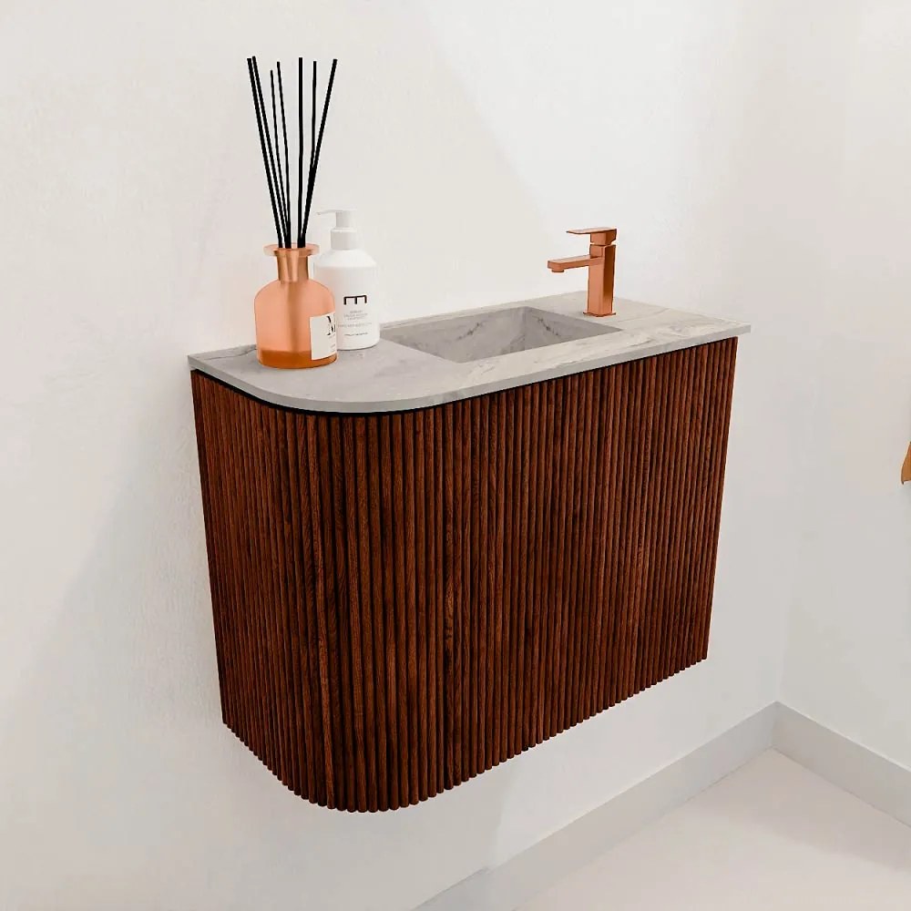 Mondiaz Joya DLux 50cm toiletmeubel ronding links ruby met wastafel faye rechts 1 kraangat glace