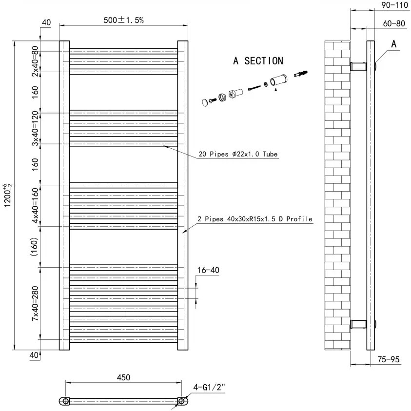 Eastbrook Wendover handdoekradiator 50x120cm 451W brons geborsteld