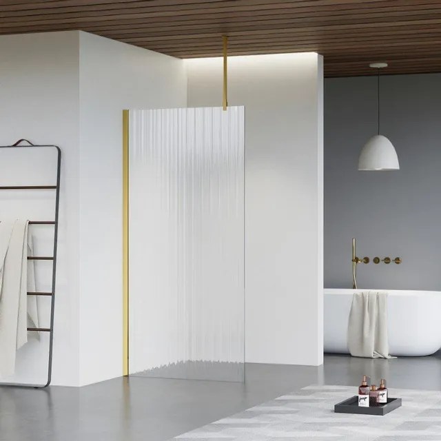 Fortifura Galeria inloopdouche - 30x200cm - ribbelglas - plafondarm - Geborsteld Messing PVD (Goud) SW797945/SW797910/SW804543
