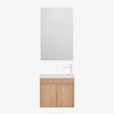 Narek Zwevend Houten Badkamermeubelset Met Geïntegreerde Wastafel Ash Brown & Wit ↑20 Cm Met Aftapkraan Zonder Overloop Orveta & Rectangular Led And A