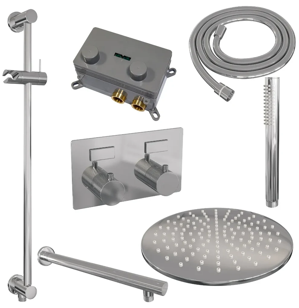 Brauer Chrome Carving thermostatische inbouw regendouche met staafhanddouche, rechte muurarm, glijstang en hoofddouche 30cm set 62 chroom