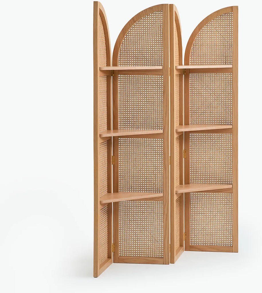 Kamerscherm met 4 panelen, 6 planken, van massief eikenhout, gefineerd en met rietvlechtwerk, MATHEO