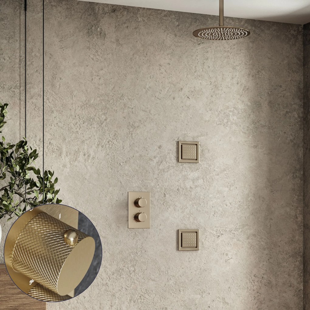 Saniclear Brass Curved inbouw regendouche 30cm met vierkante massagejets en plafondarm geborsteld messing - mat goud