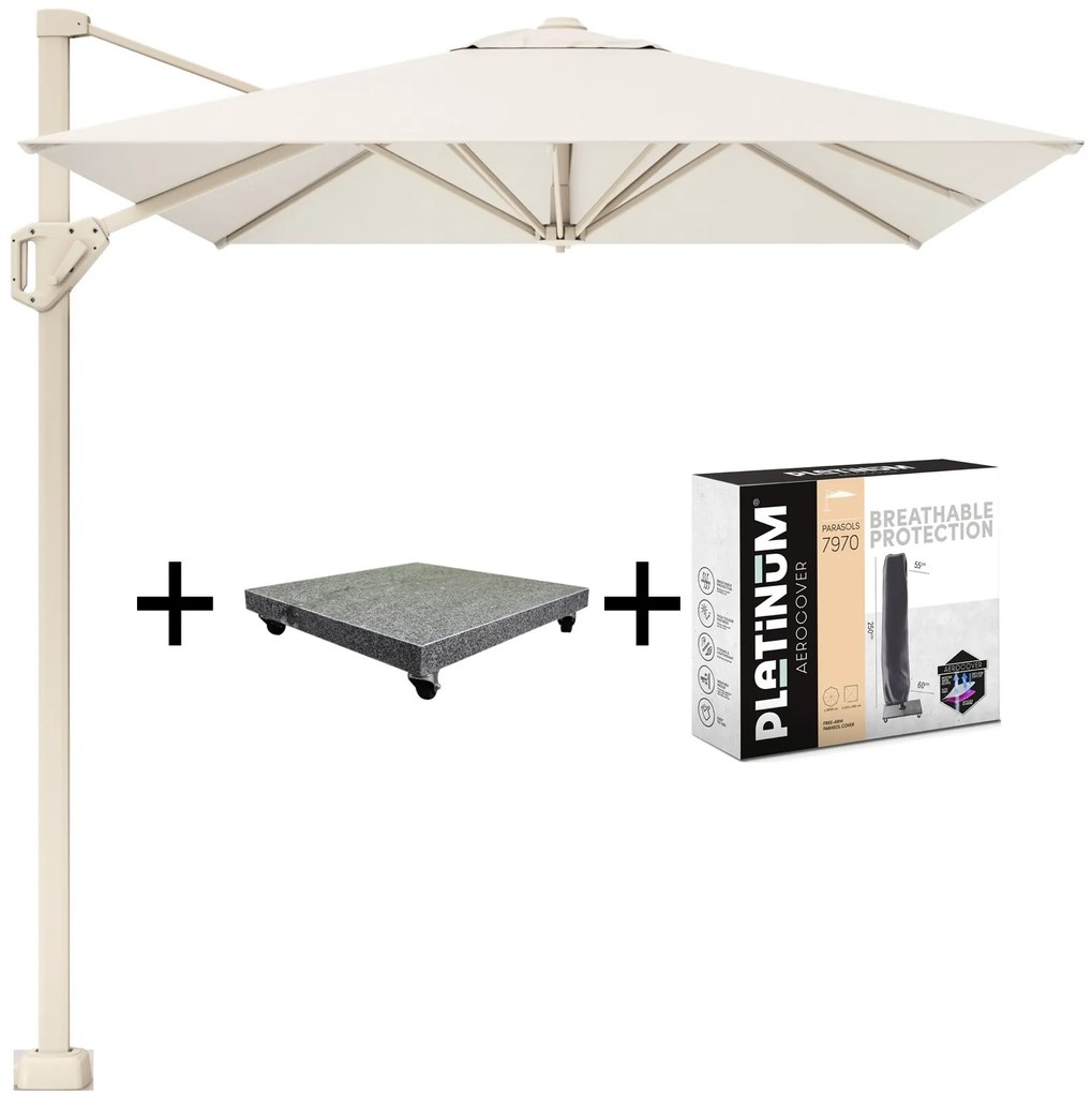 Voyager T1 zweefparasol 300x200 cm sandstone ivoor met 90kg voet en hoes