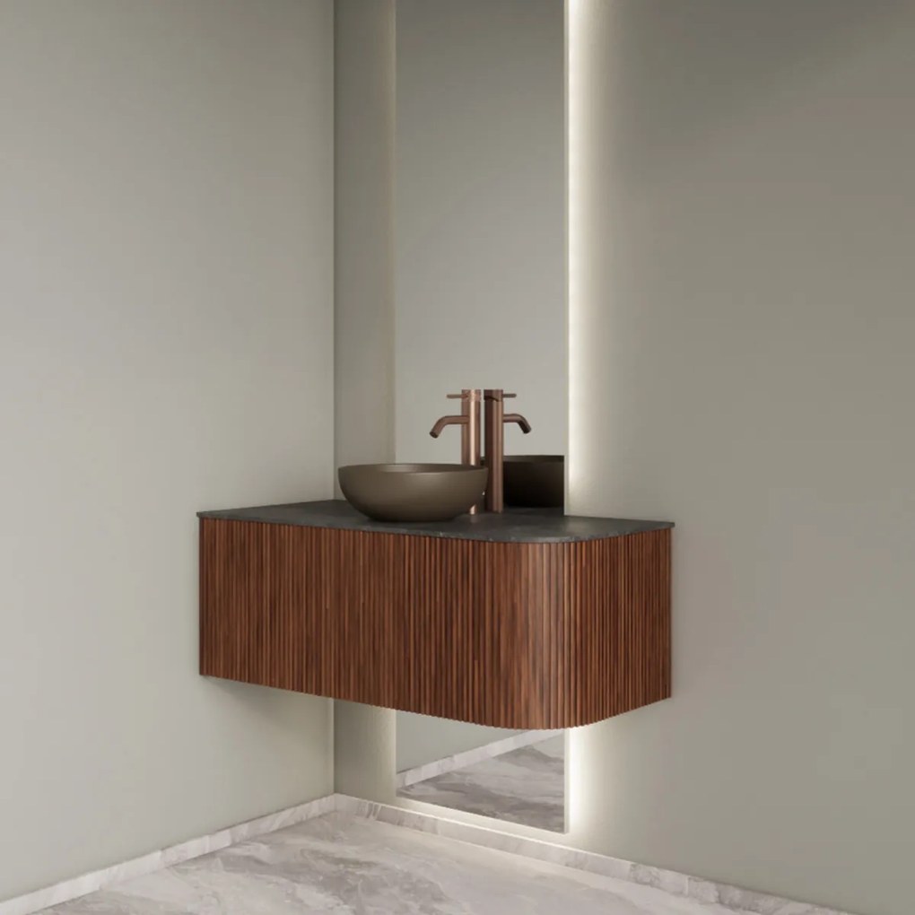 Gliss Design Alluro badmeubel ribbelfront met ronding rechts 100cm walnut en zwart leisteen toppaneel