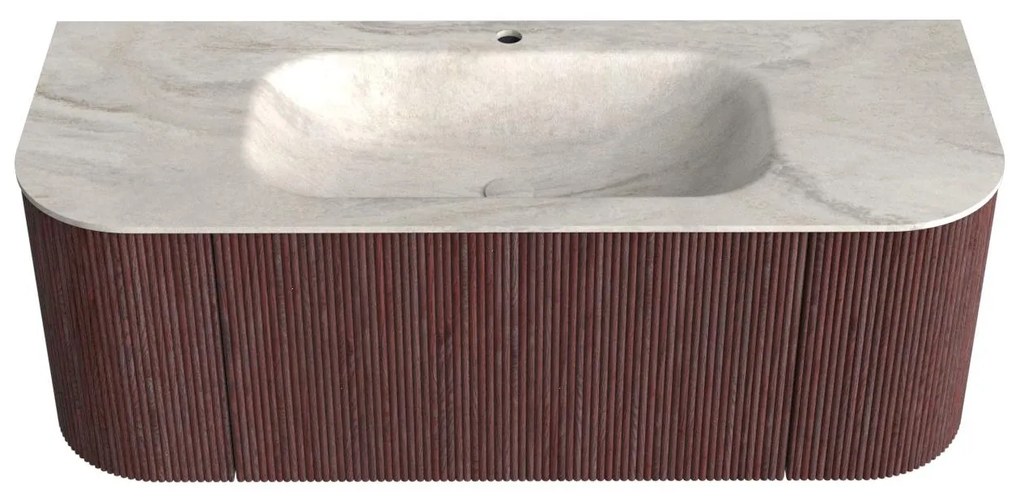 Mondiaz Kurve-dlux 120cm badmeubel ronding links/rechts ruby met 1 lade en 2 deuren en wastafel big small midden 1 kraangat ostra