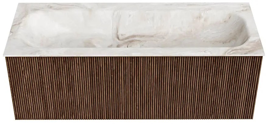 Mondiaz Kurve-dlux 120cm badmeubel walnut met 1 lade en wastafel big large midden 2 kraangaten frappe