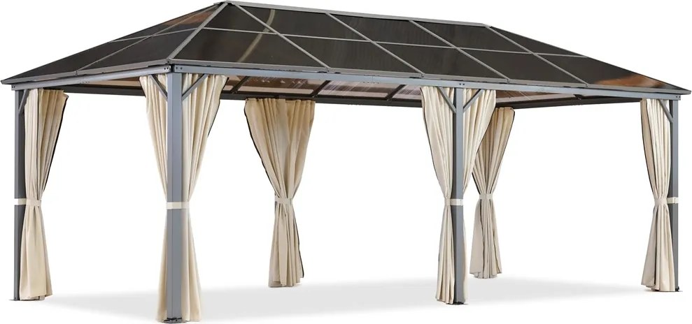 Milos tuinhuisje 3x6m met crèmekleurige gordijnen Tuinpunt