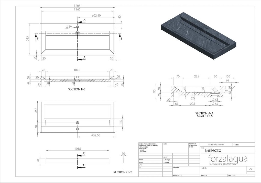 Forzalaqua Bellezza wastafel 120x50cm met kraangat graniet