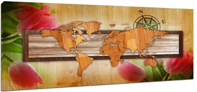 Schilderij - Wereldkaart met tulpen, Panorama