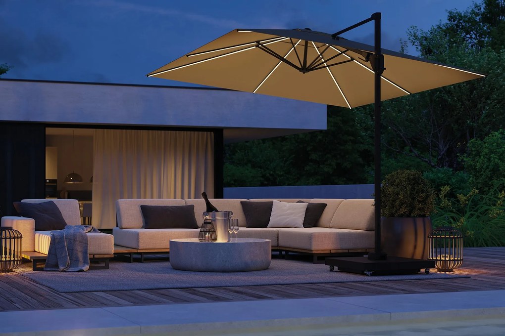 Platinum Challenger Zweefparasol T2 Premium Glow 3x3 m. - Havana Taupe met voet en hoes