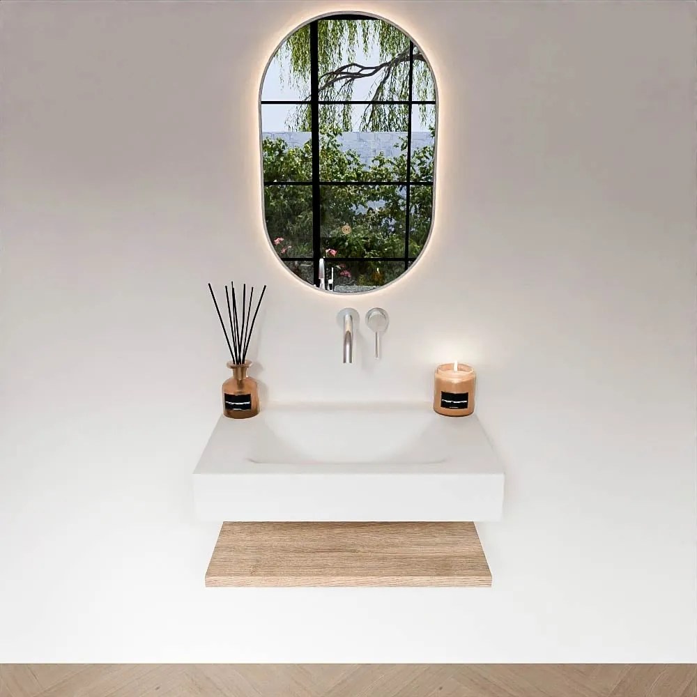 Zaro Alan badmeubel 70cm met planchet washed oak en vrijhangende wastafel cloud midden zonder kraangat talc