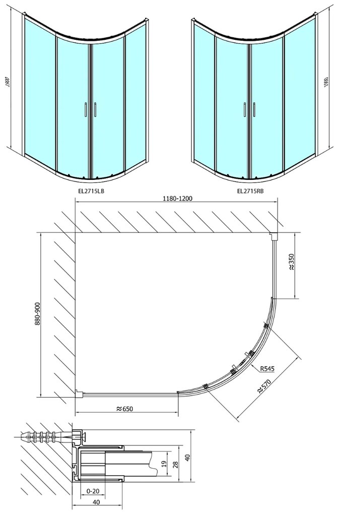 Polysan Easy Black kwartronde douchecabine 120x90cm zwart mat