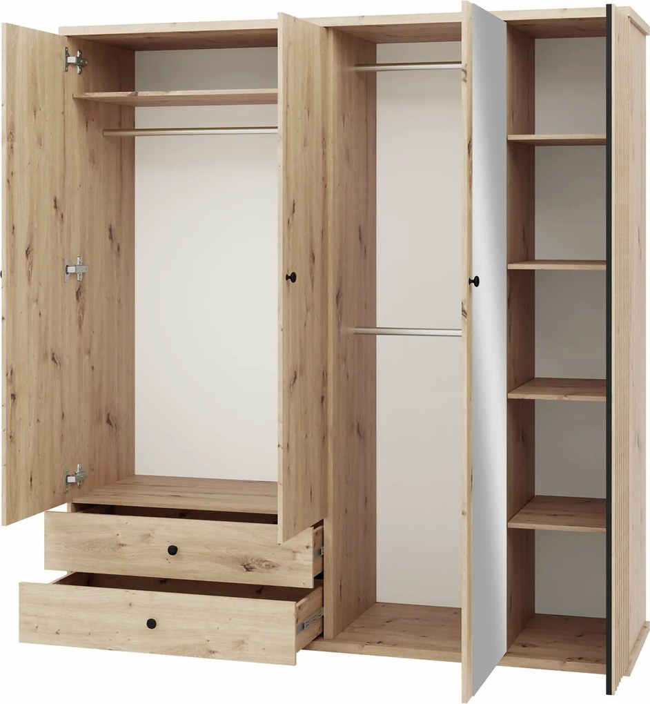 Kledingkast Venmava 114, Zwart, Artisan eiken, 213x200x60cm, 177 kg, Kledingkast deuren: Met scharnieren