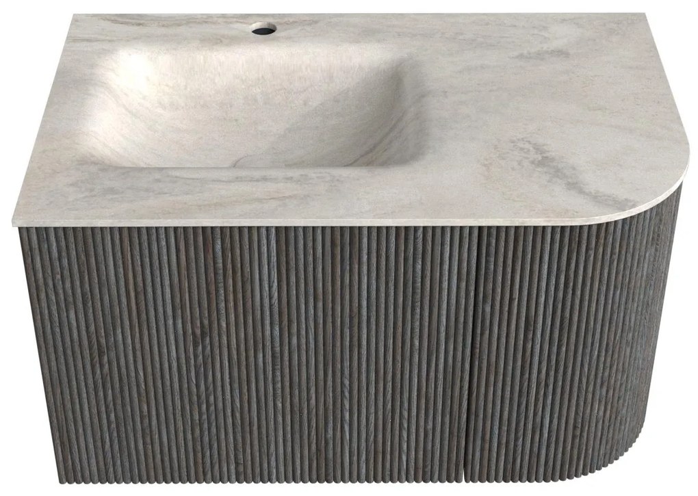 Mondiaz Kurve-dlux 75cm badmeubel ronding rechts shadow met 1 lade en deur en wastafel grunne kraangat links ostra