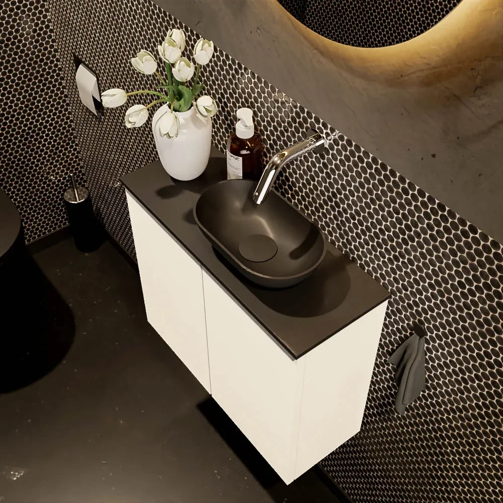 Mondiaz Fowy toiletmeubel 60cm talc met zwarte waskom rechts zonder kraangat