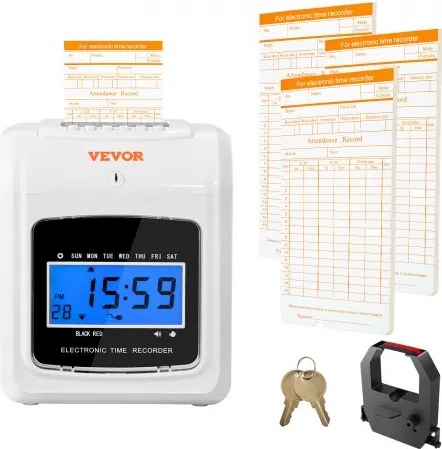 VEVOR Tijdklok Tijdregistratie 102 Tijdkaarten, Elektronische tijdklok inclusief 2 sleutels + 1 band, Witte elektronische wandklok voor kleine bedrijven, kantoren, fabrieken, enz.
