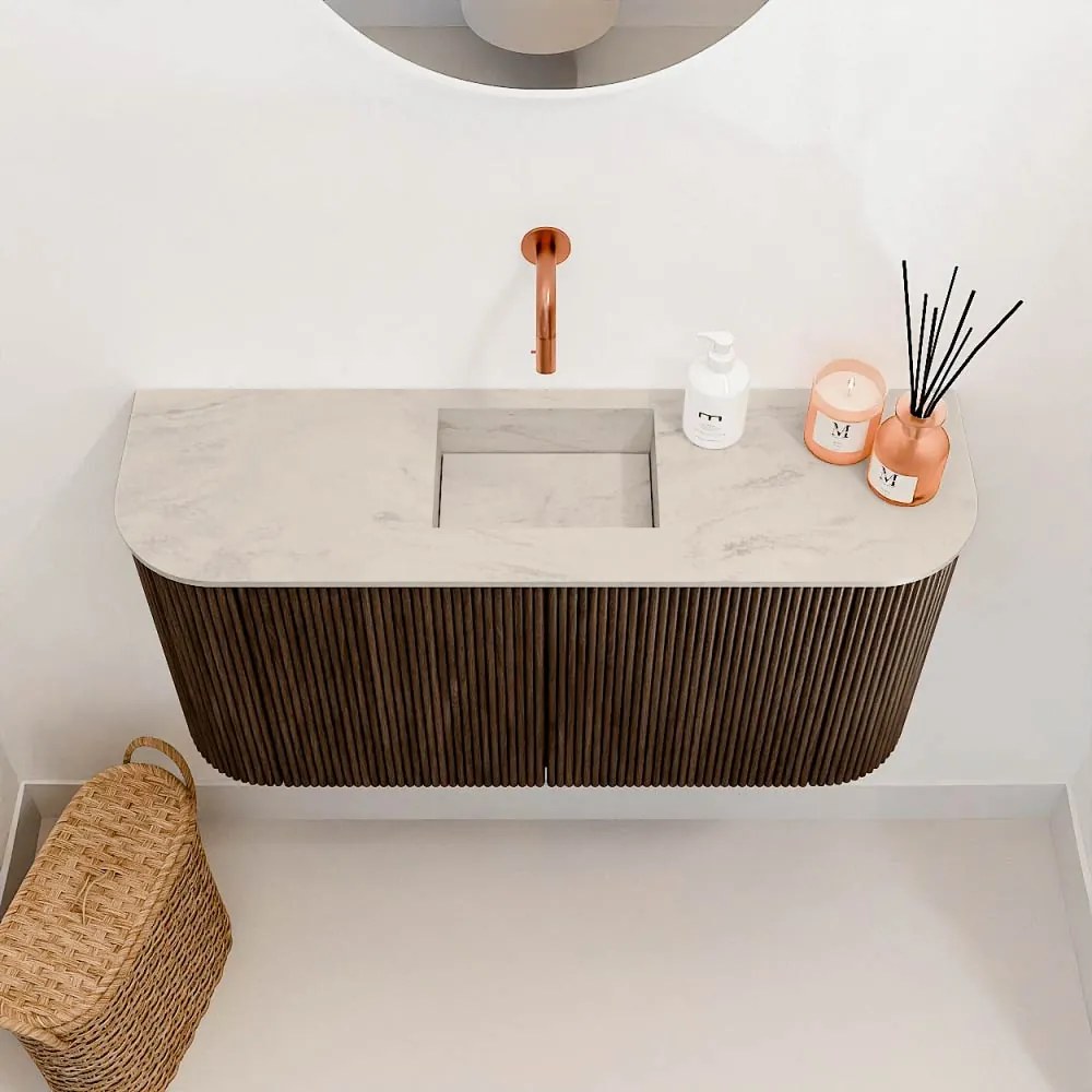 Mondiaz Joya DLux 85cm toiletmeubel ronding links/rechts walnut met wastafel faye midden zonder kraangat opalo