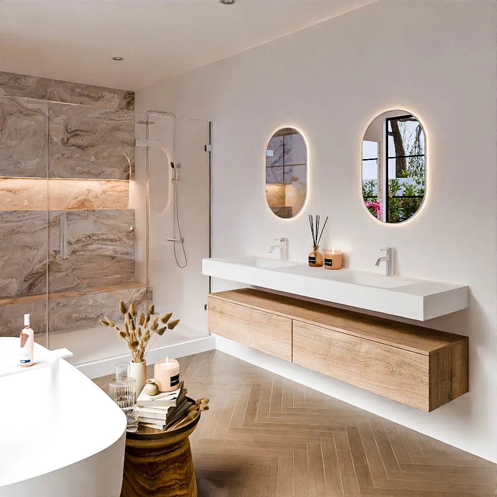 Zaro Alan badmeubel 190cm washed oak 2 lades met vrijhangende wastafel cloud dubbel 2 kraangaten talc