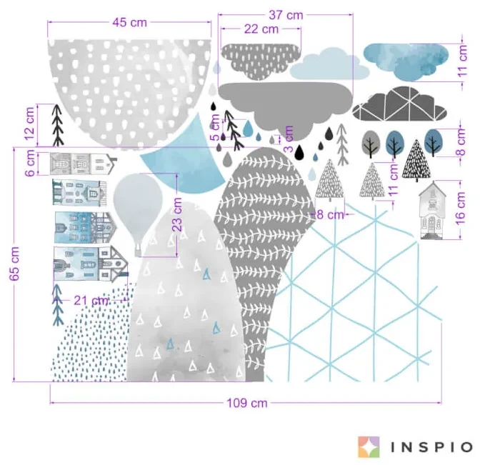 INSPIO Blauwe stickers op de muur van heuvels en huizen