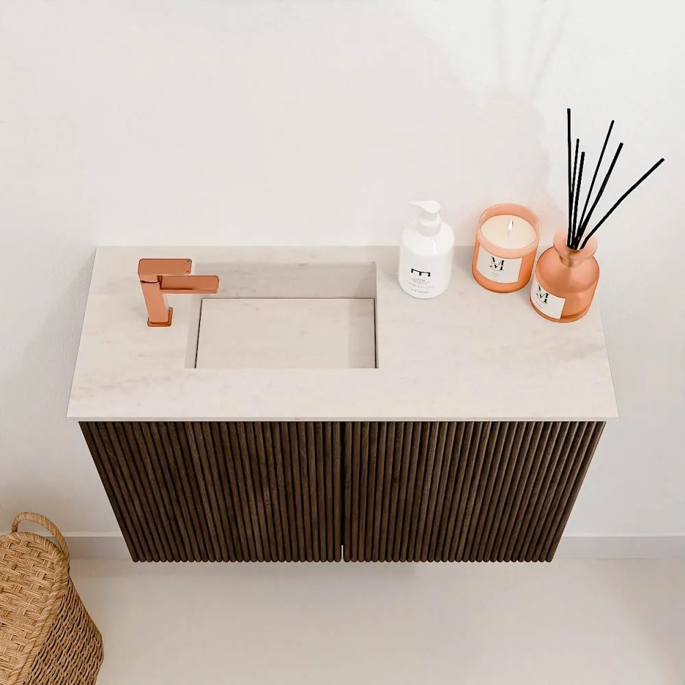 Mondiaz Joya DLux 60cm toiletmeubel walnut met wastafel faye links 1 kraangat meli