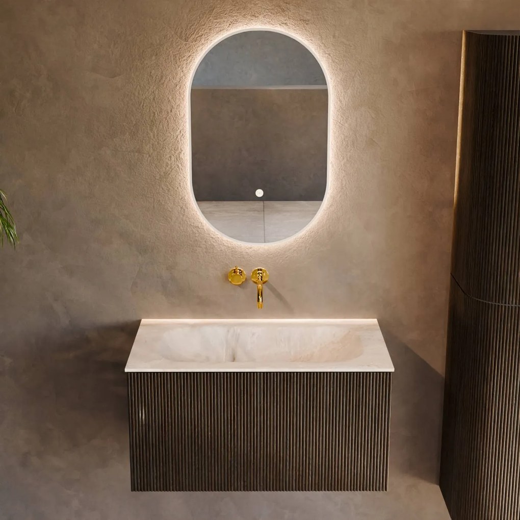 Mondiaz Kurve-dlux 80cm badmeubel shadow met 1 lade en wastafel big small midden zonder kraangat frappe
