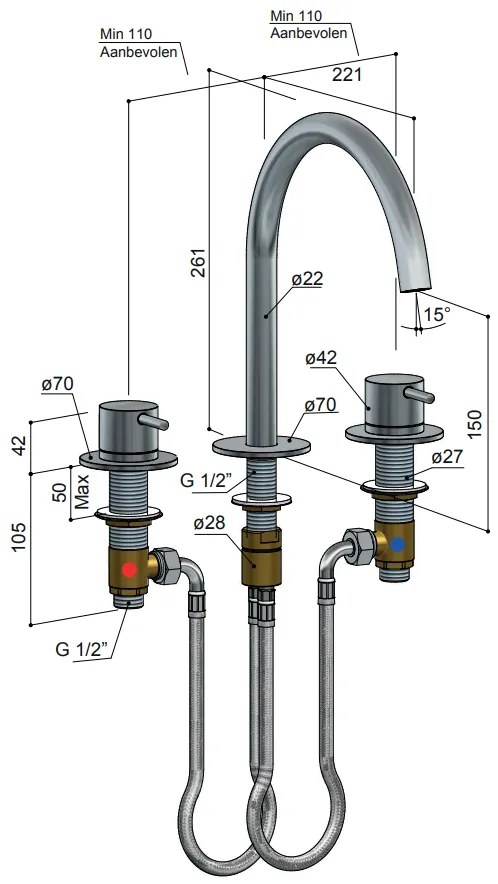 Hotbath Cobber inbouw wastafelmengkraan 3-gats CB033 geborsteld koper