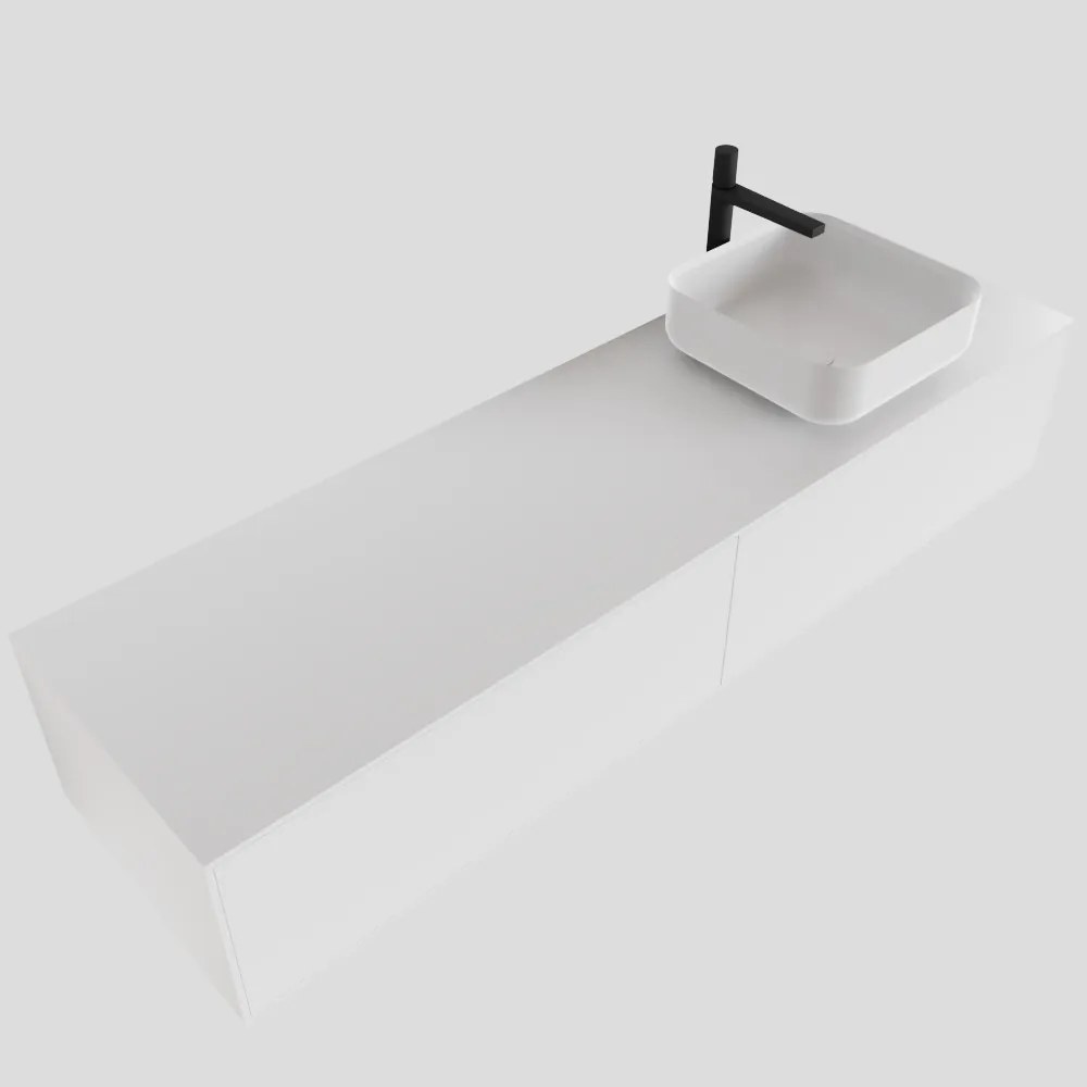 Zaro Lagom volledig naadloos solid surface onderkast met topblad 160cm mat wit met 2 lades Push tot open. Compleet met solid surface opzetkom met 1 kraangat(en)