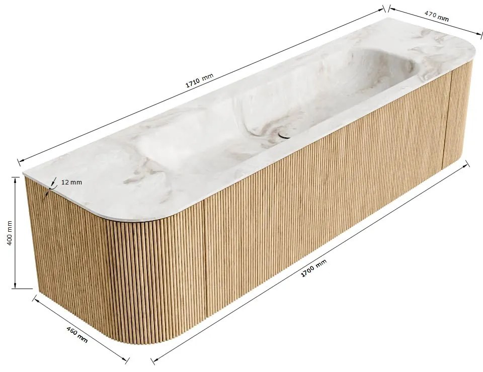 Mondiaz Kurve-dlux 170cm badmeubel ronding links/rechts shadow met 1 lade en 2 deuren en wastafel big large midden 2 kraangaten glace
