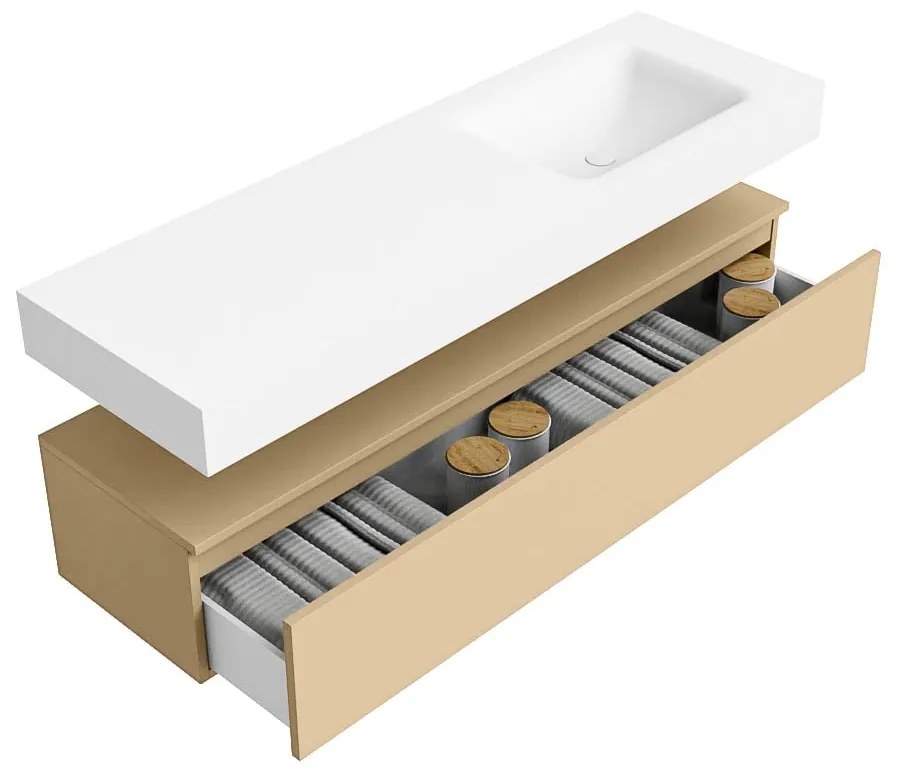 Zaro Alan badmeubel 150cm sand met 1 lade en vrijhangende wastafel rechts met kraangat wit mat