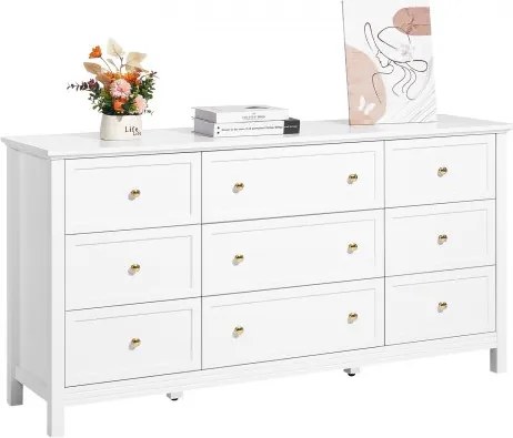 VEVOR ladekast met 9 laden, houten ladekast met schuif- en kantelbeveiliging, minimalistische retro ladekast tv-standaard, organizer voor woonkamer, slaapkamer en entree (wit)