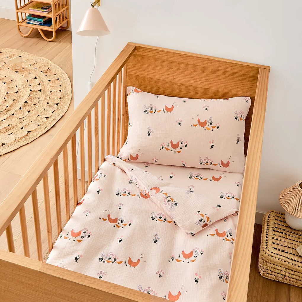 Baby dekbedovertrek, biologisch tetra, kippenprint, POULETTE