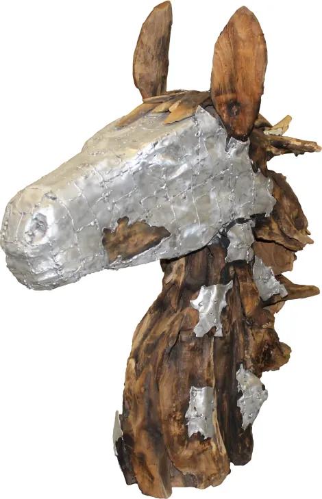 Beeld paardenhoofd - teak/aluminium - root hout/ijzer