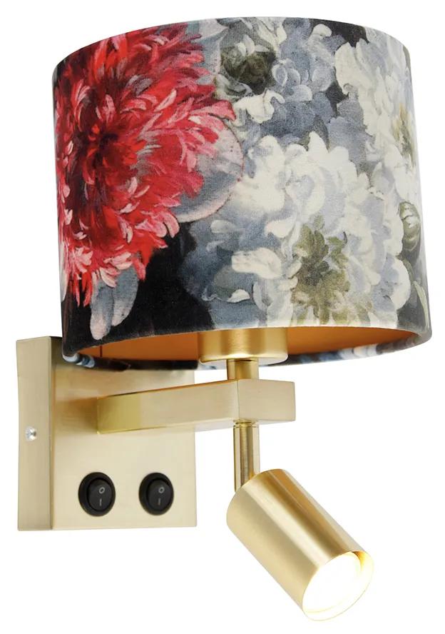Wandlamp messing met leeslamp en kap 18 cm bloemen - Brescia Modern E27 vierkant Binnenverlichting Lamp