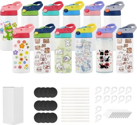 VEVOR Sublimatiebekers 12 stuks (355 ml), roestvrijstalen sublimatiebekers met deksels (meerkleurig) & rietje & handvat, dubbelwandige geïsoleerde thermosfles voor doe-het-zelfprojecten en cadeaus