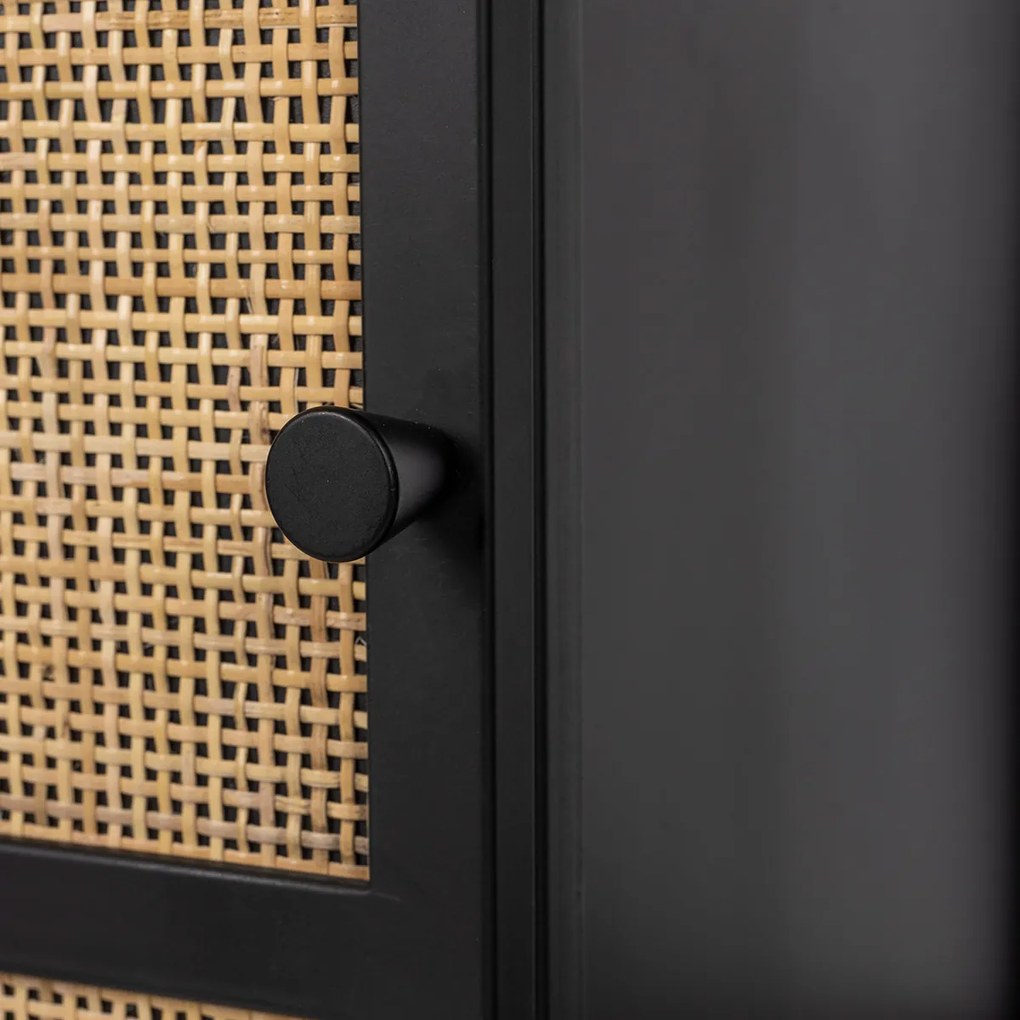 Wijnkast Japandi Zwart Met Rotan - 80x38x100cm.